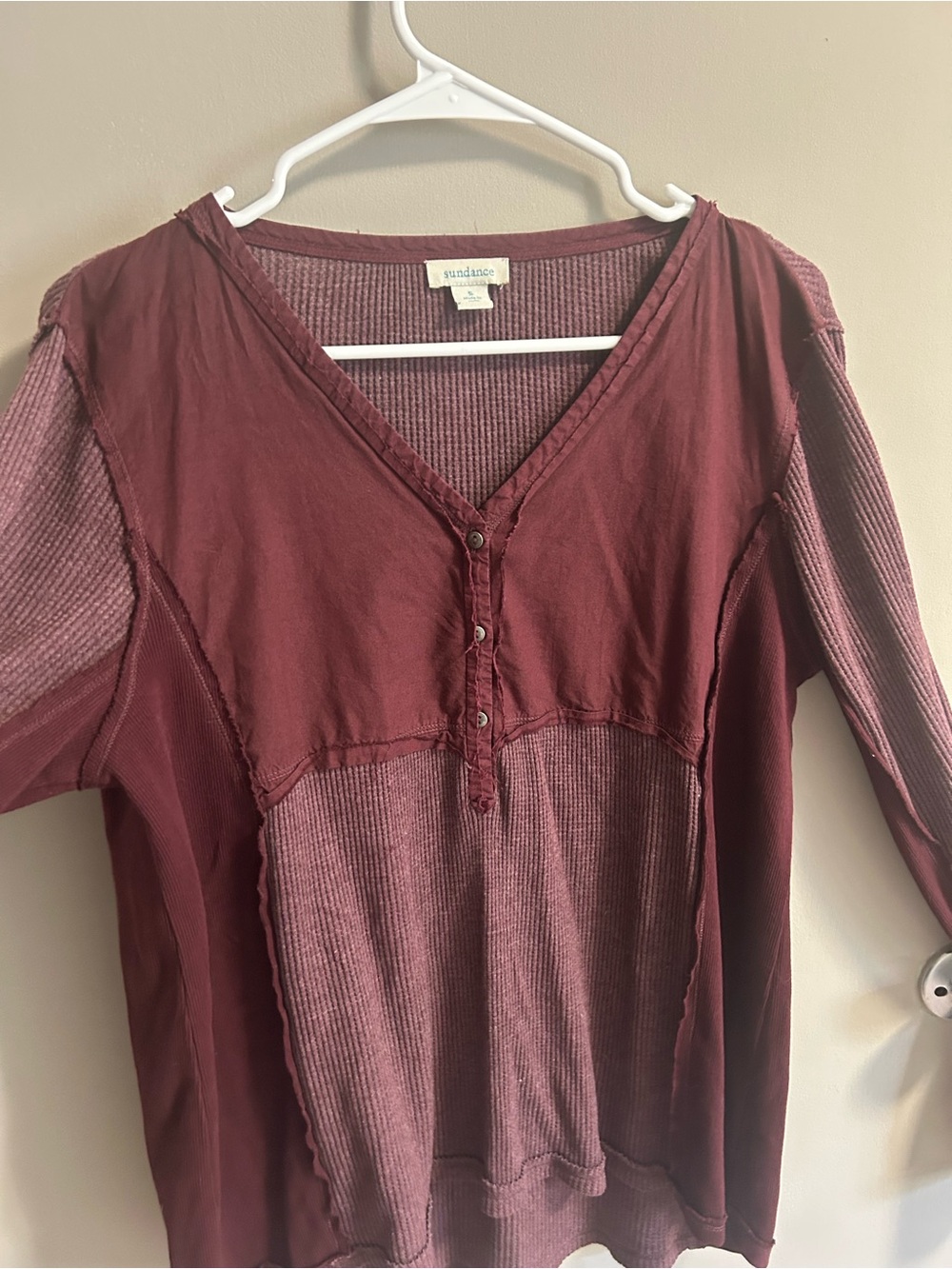 Sundance Maroon Waffle & Knit Henley Long-Sleeve Top